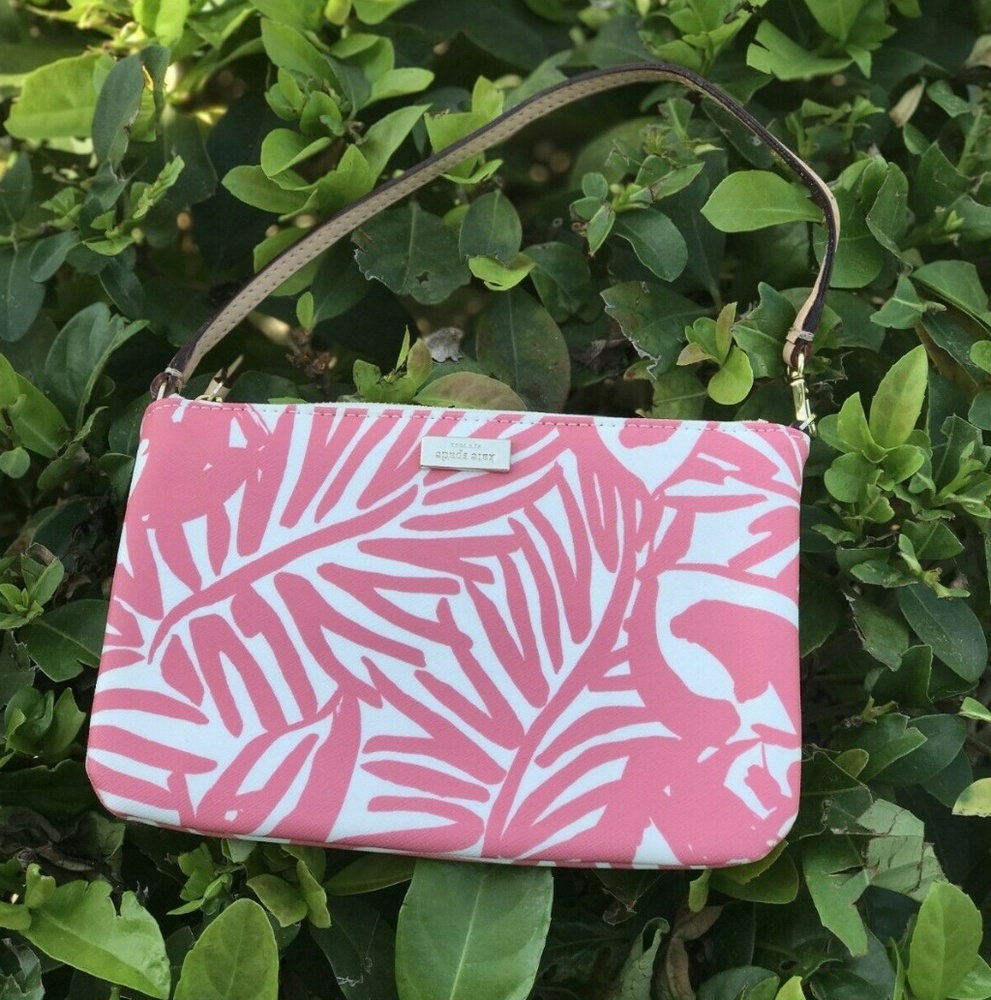 Kate Spade Vinyl Floral Palm Print Wristlet Pink